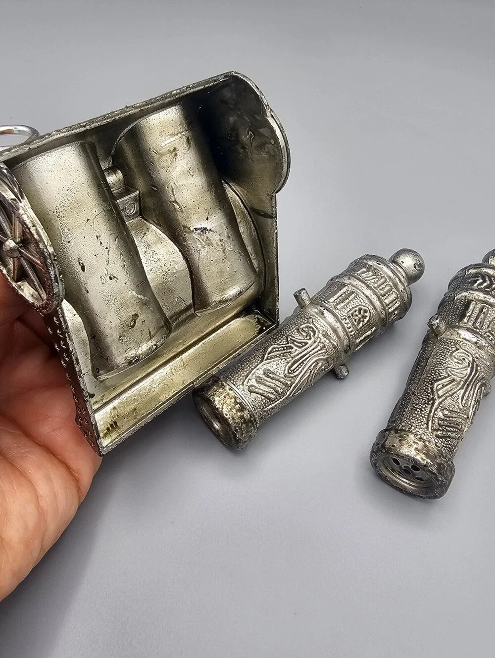 Vintage Metal Cannon Salt and Pepper Shakers with Holder